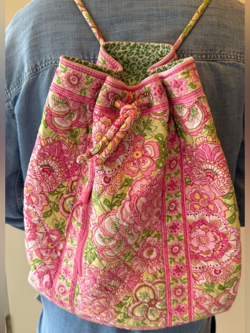 Vera Bradley Bermuda Pink Lime Paisley Floral Quilted Backpack Travel Bag